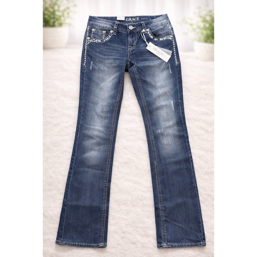 Grace Women's Bootcut Jeans Blue 28x33Embroidered Studded Stretch Denim 5-Pocket